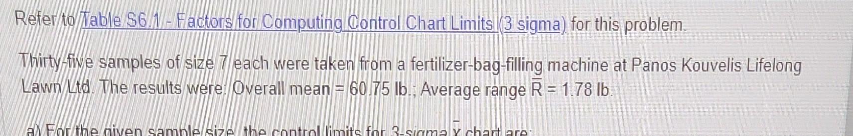 given sample size, the control limits for 3-sigma x chart are Upper