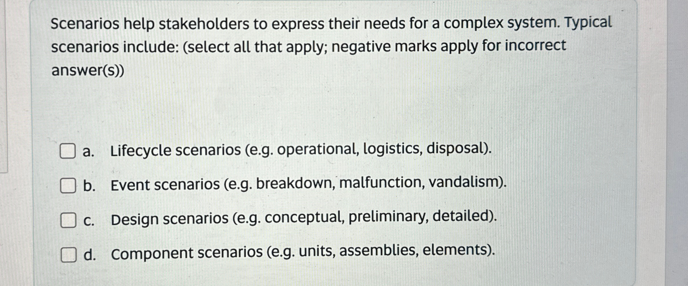  Scenarios help stakeholders to express their needs for a complex system.