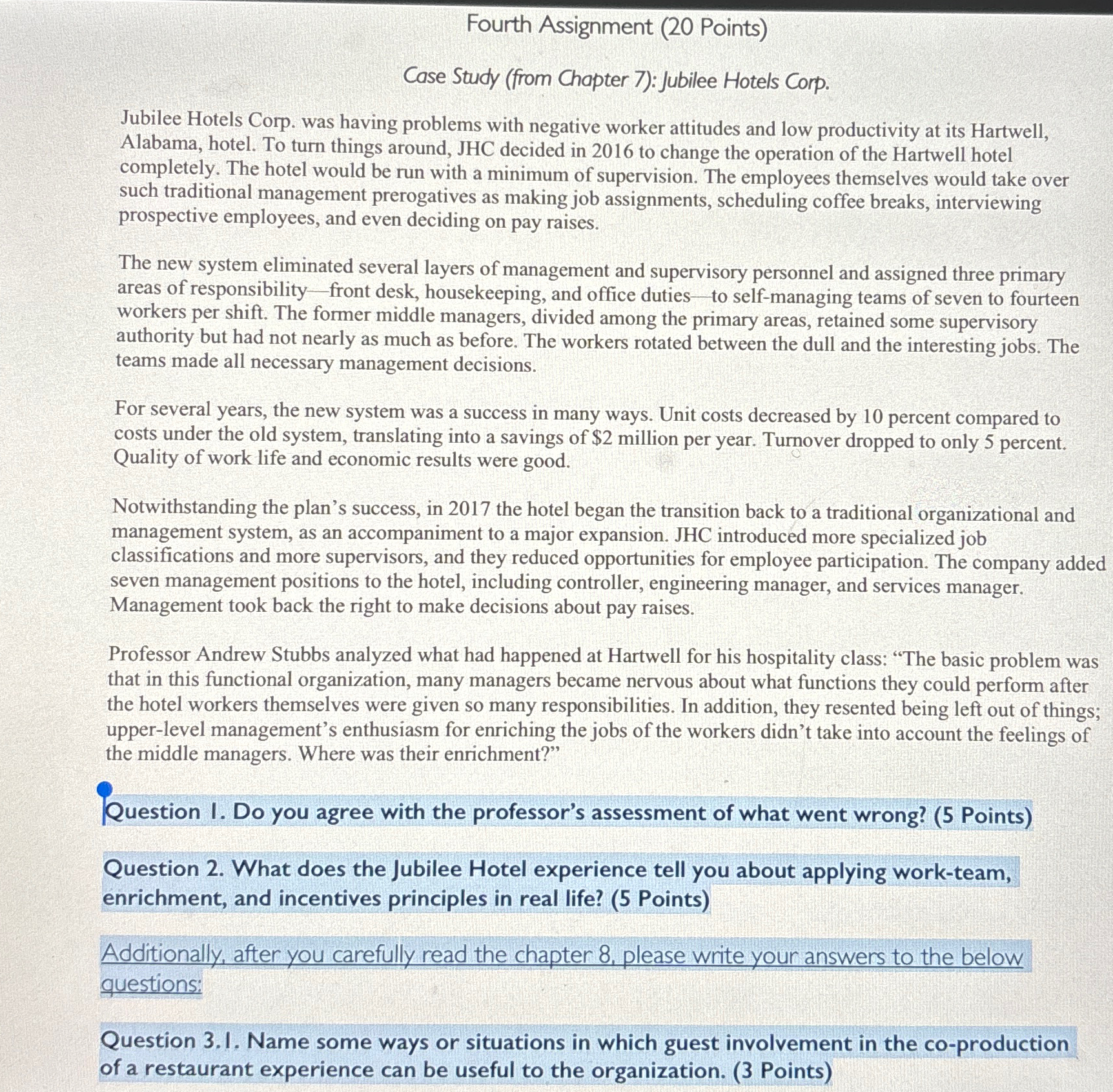  Fourth Assignment (20 Points) Case Study (from Chapter 7): Jubilee Hotels