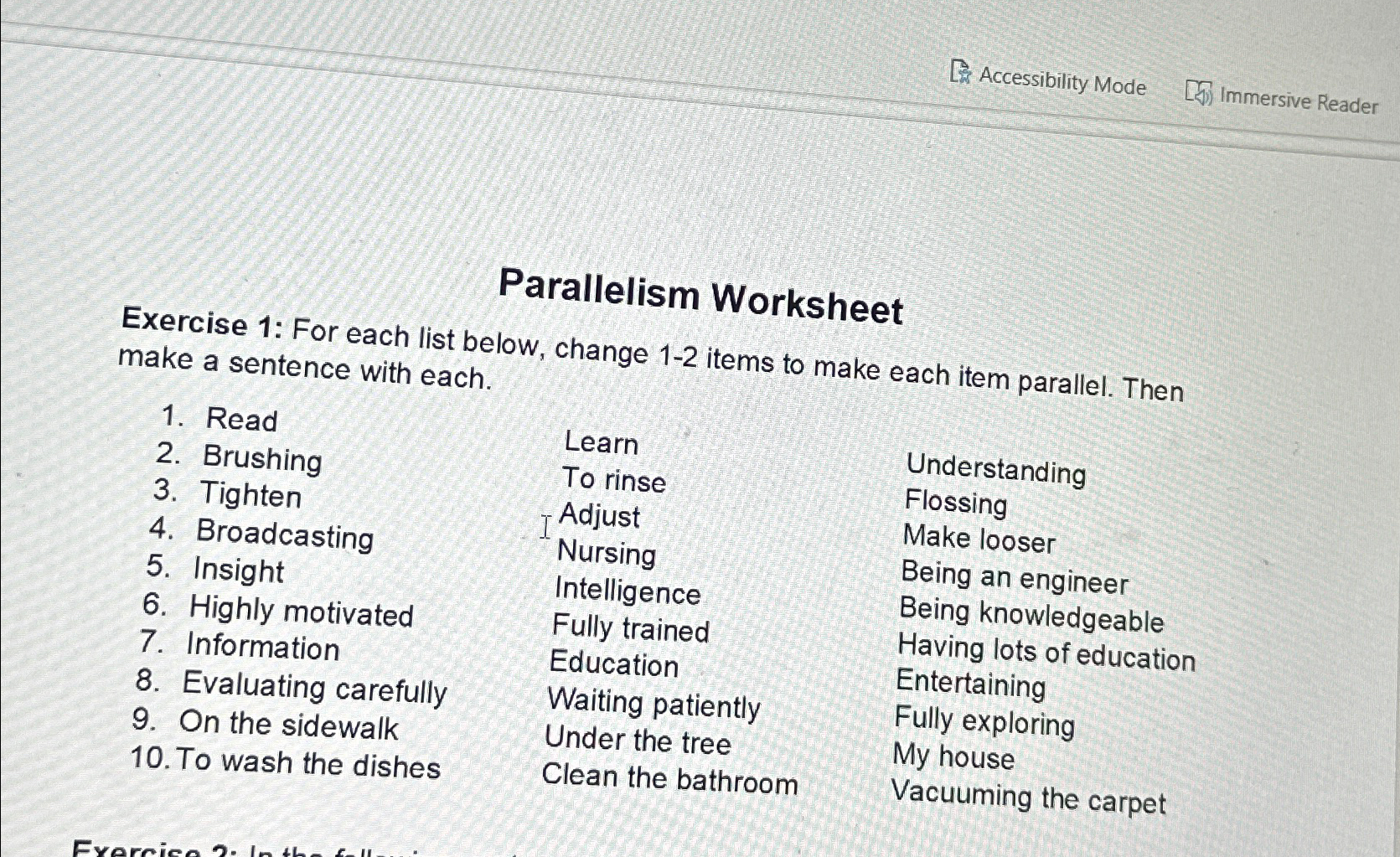  Accessibility Mode Immersive Reader Parallelism Worksheet Exercise 1: For each list