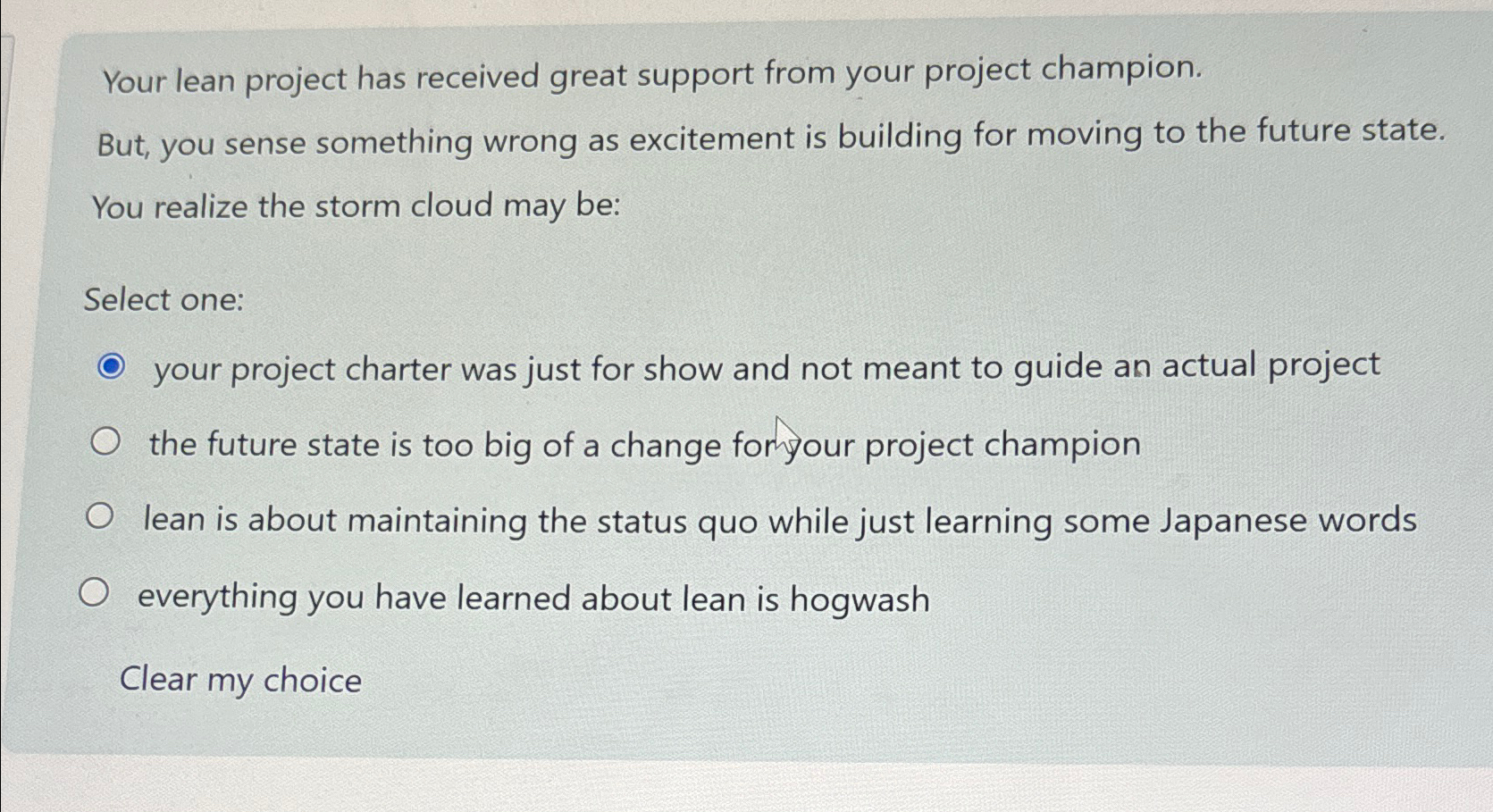  Your lean project has received great support from your project champion.