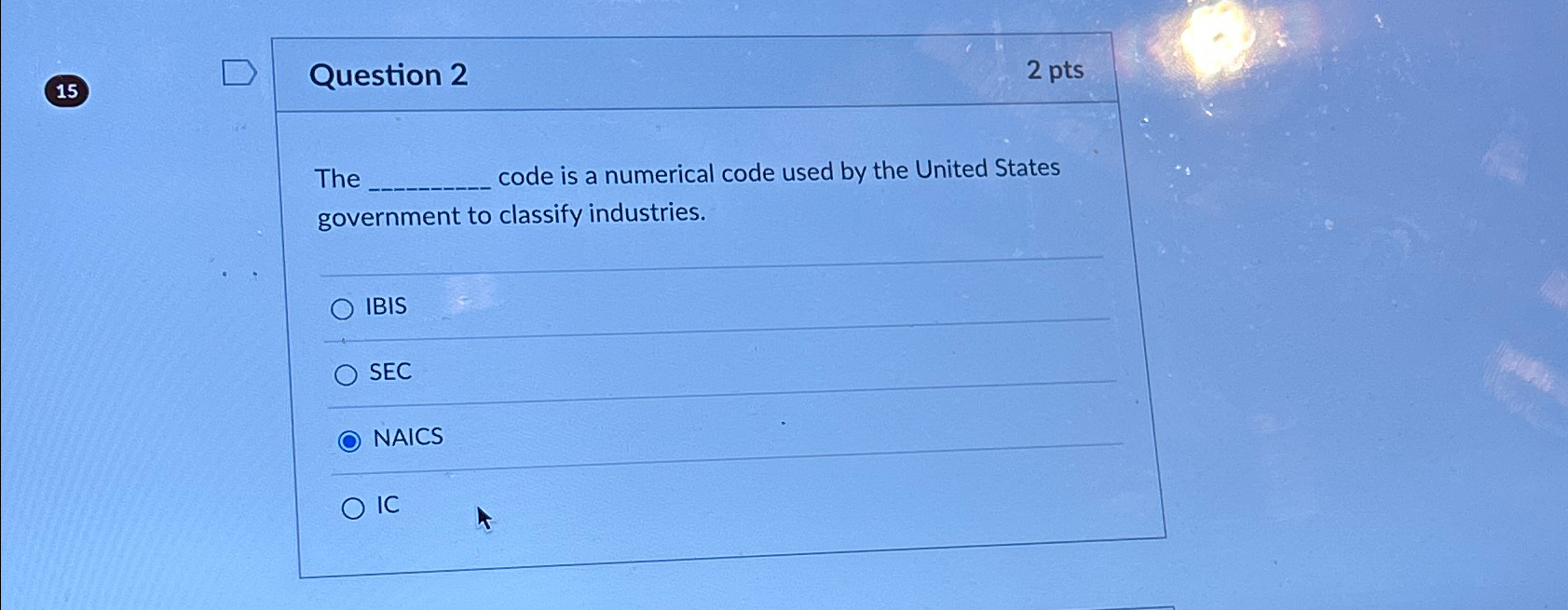  15 Question 2 2 pts The code is a numerical code