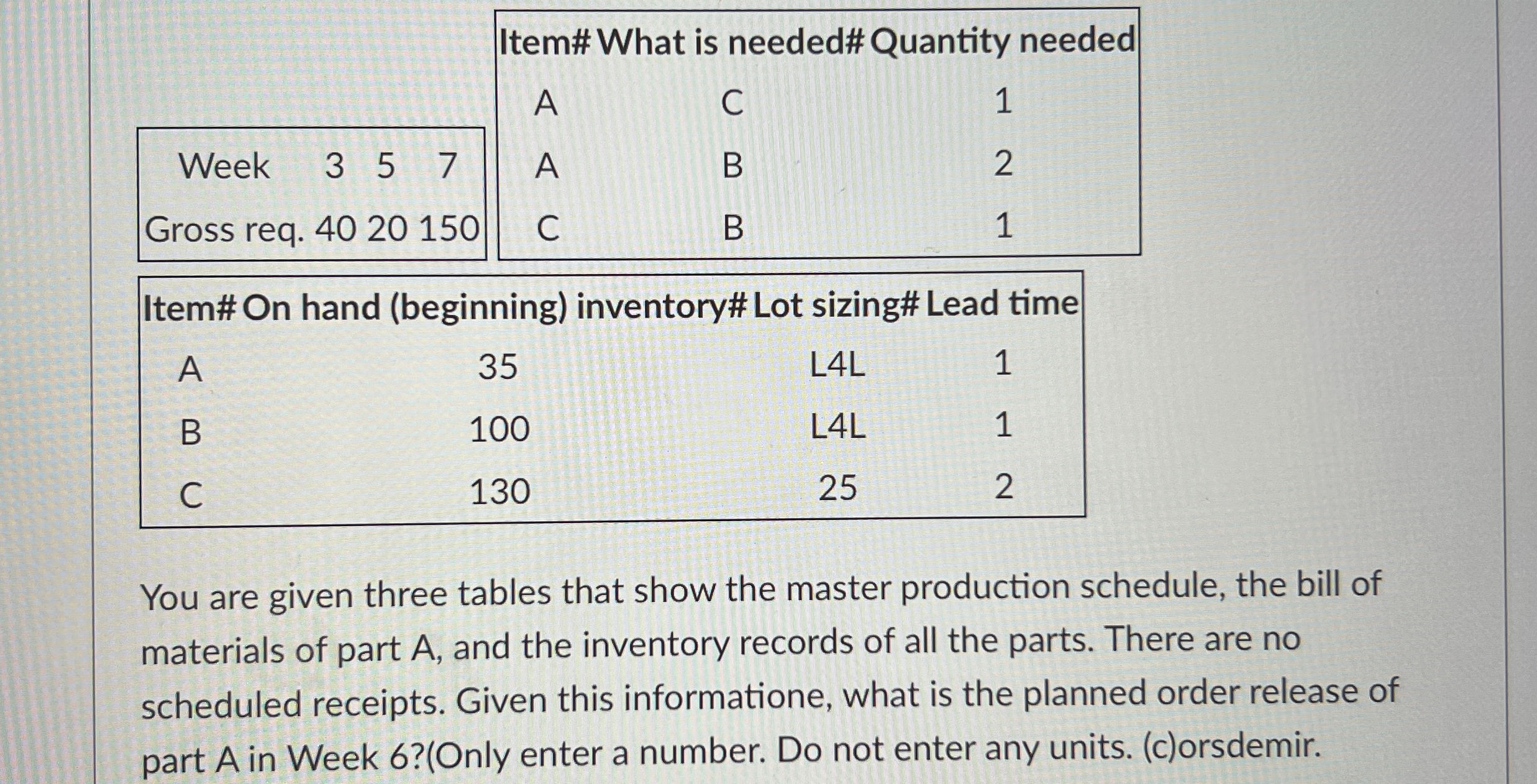  \table[[Week,3,5,7],[Gross req.,40,20,150]] \table[[Item#What is needed# Quantity needed,,],[A,C,1],[A,B,2],[C,B,1]] \table[[Item# On hand (beginning)
