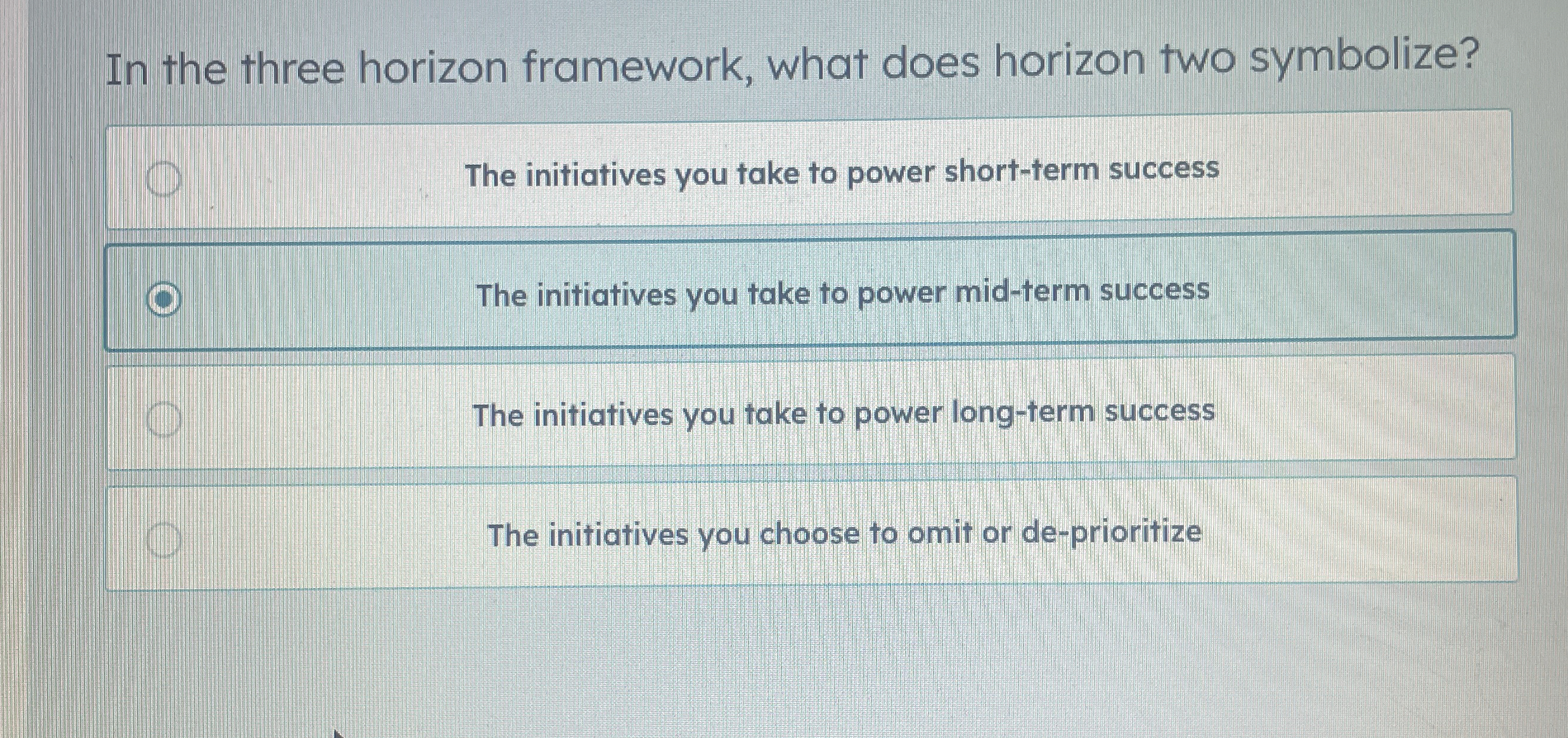  In the three horizon framework, what does horizon two symbolize? The