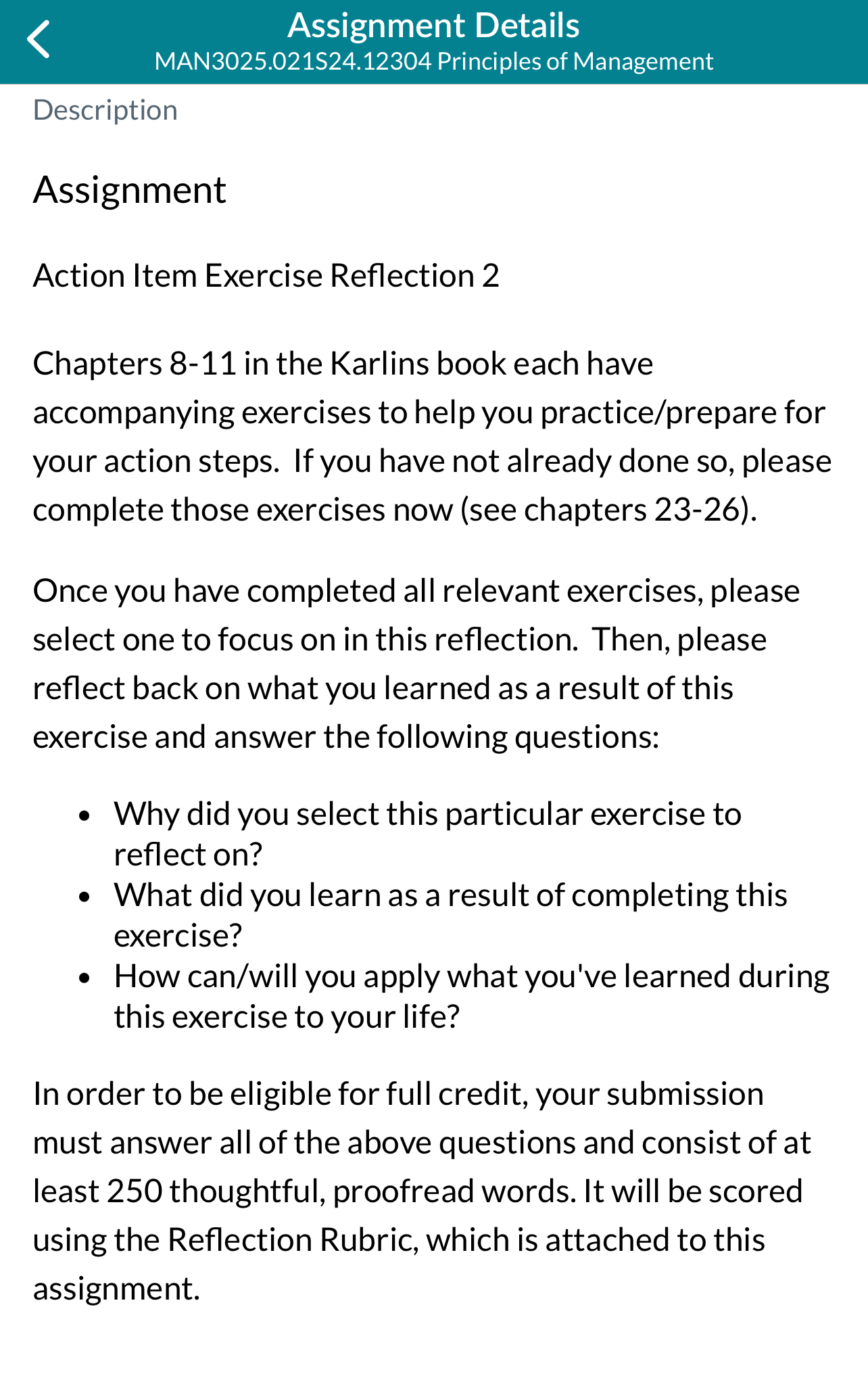  Assignment Details MAN3025.021S24.12304 Principles of Management Description Assignment Action Item Exercise