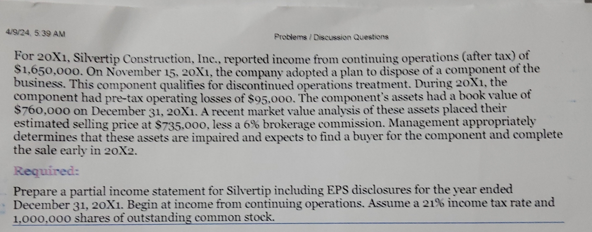  49?24,5:39 AM Problems / Discussion Questions For 20X1, Silvertip Construction, Inc.,