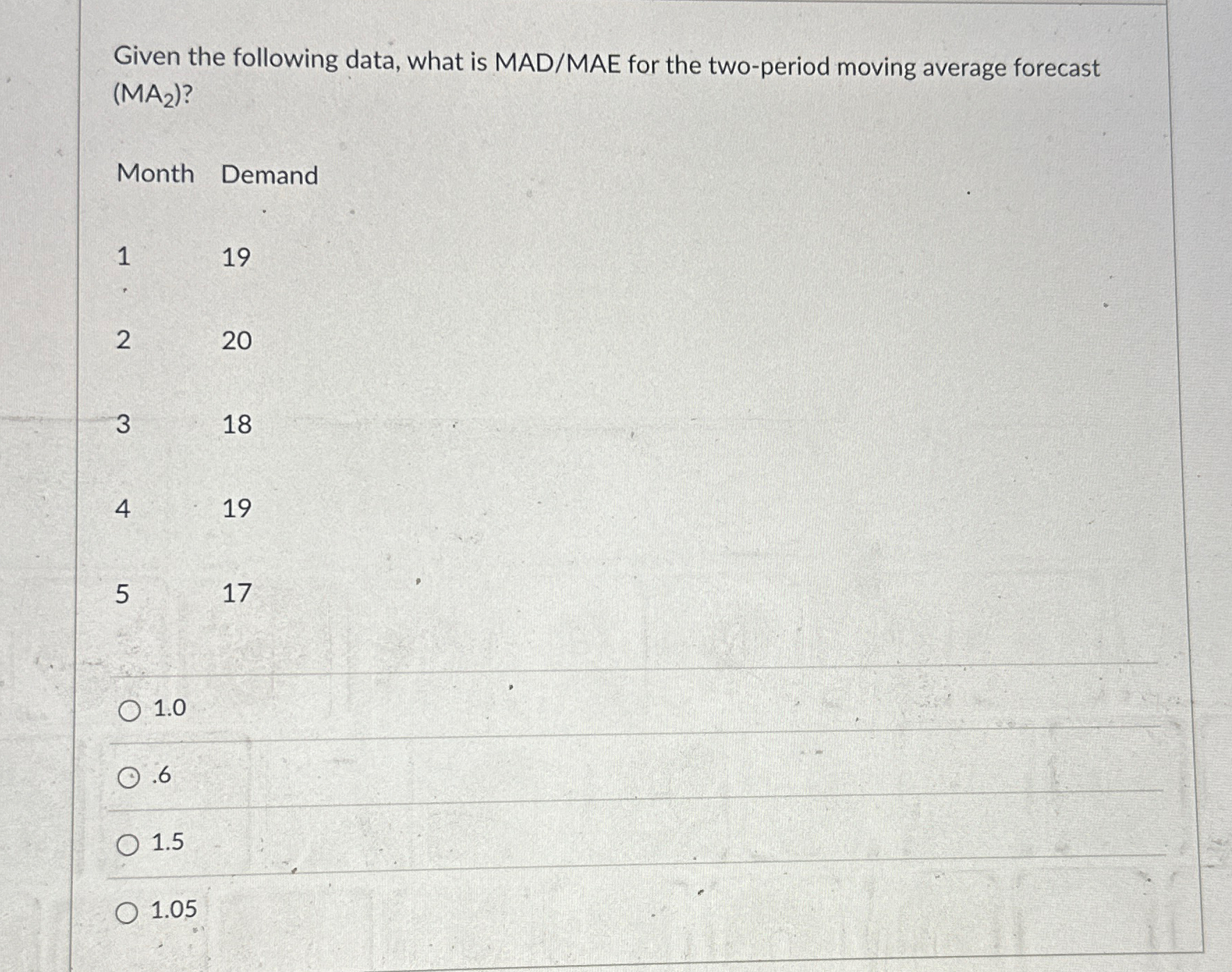  Given the following data, what is MAD/MAE for the two-period moving