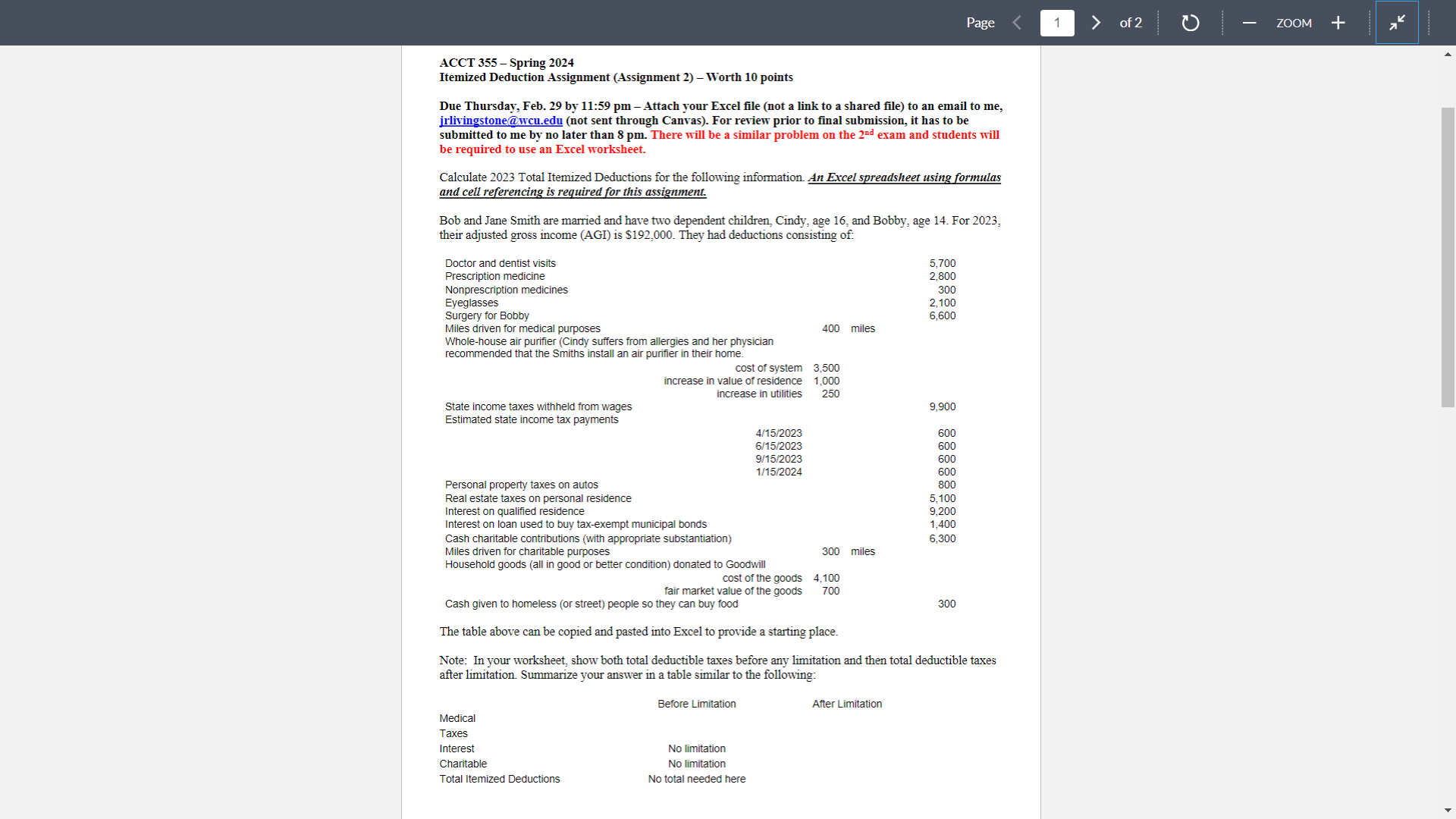  ACCT 355 - Spring 2024 Itemized Deduction Assignment (Assignment 2) Worth