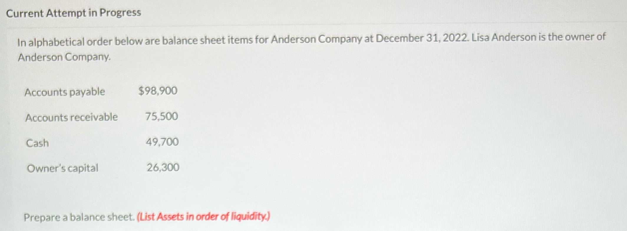 Current Attempt in Progress In alphabetical order below are balance sheet