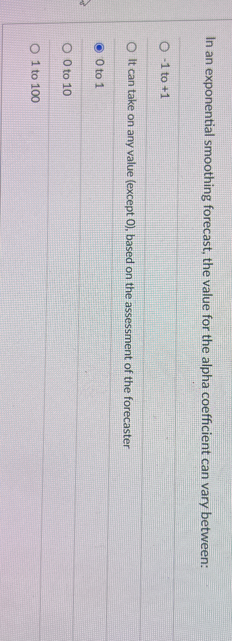  In an exponential smoothing forecast, the value for the alpha coefficient