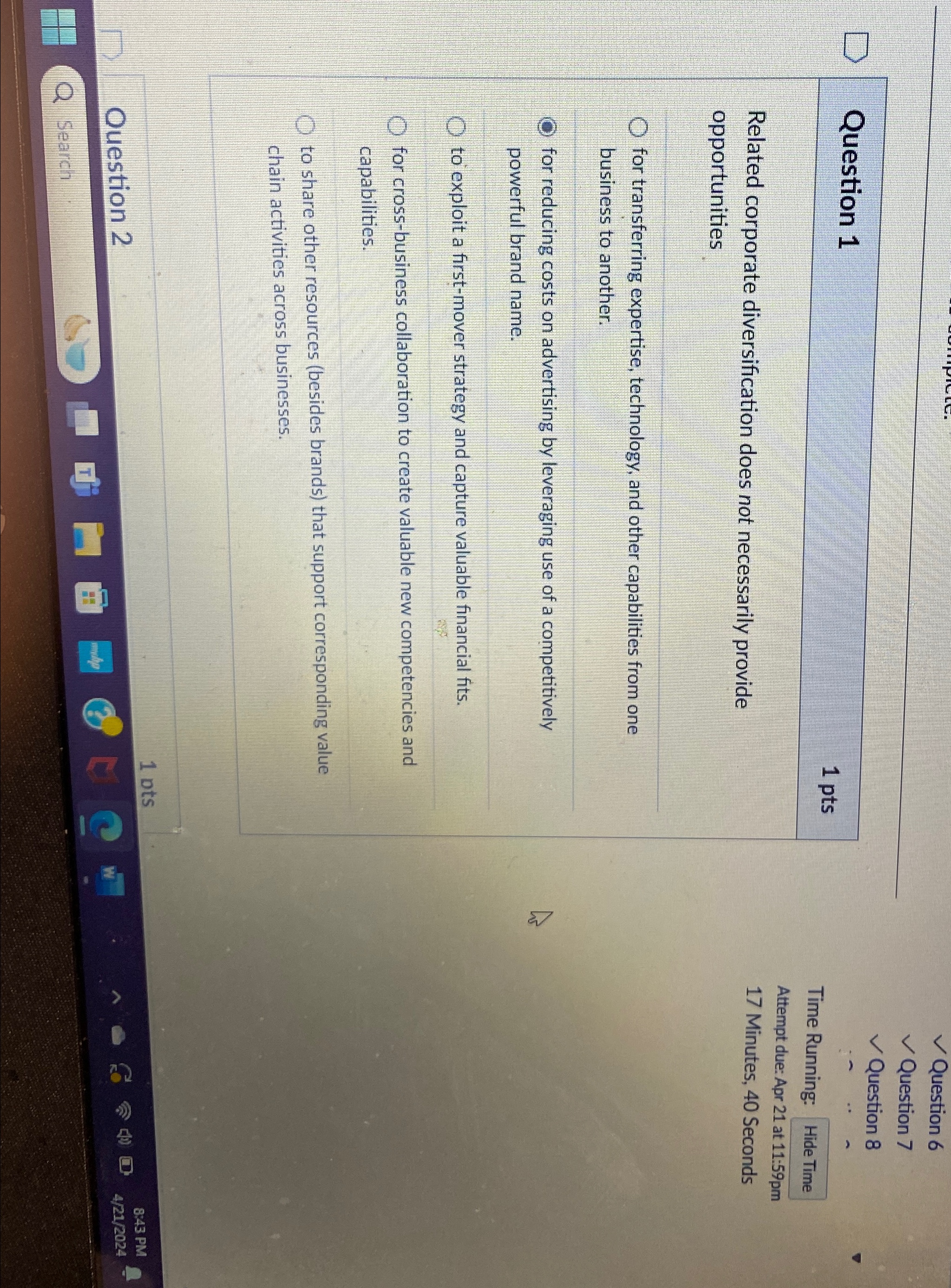  Question 6 Question 7 Question 8 Question 1 1 pts Related