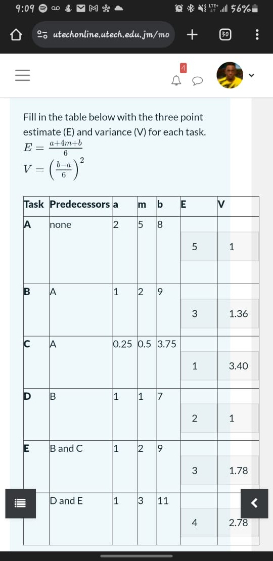  Fill in the table below with the three point estimate (E)