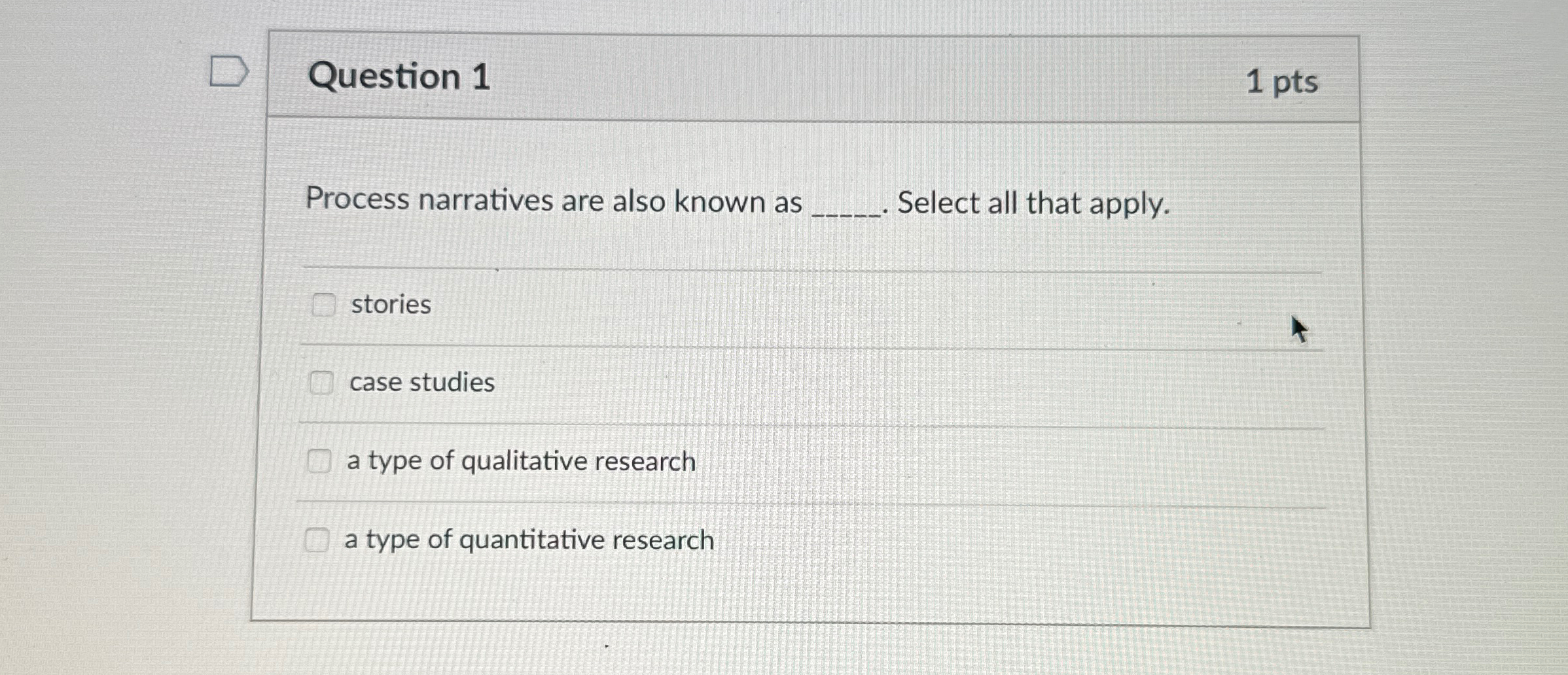  Question 1 1 pts Process narratives are also known as Select