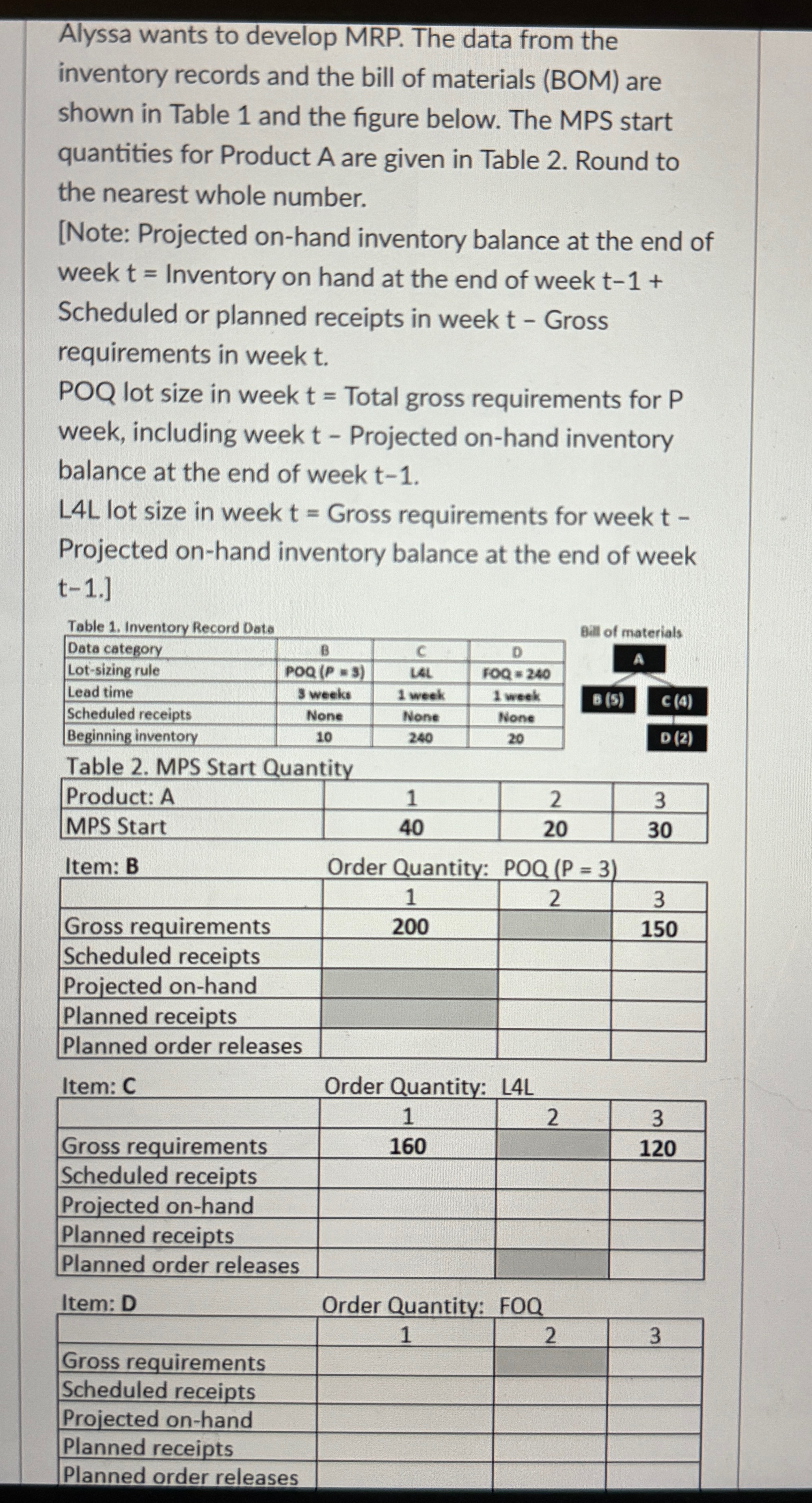  Alyssa wants to develop MRP. The data from the inventory records