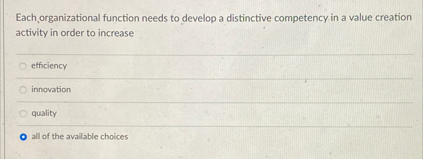  Each organizational function needs to develop a distinctive competency in a