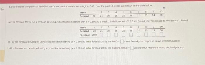  b) For the forecast developed using exponential smoothing (a=0.60 and initial