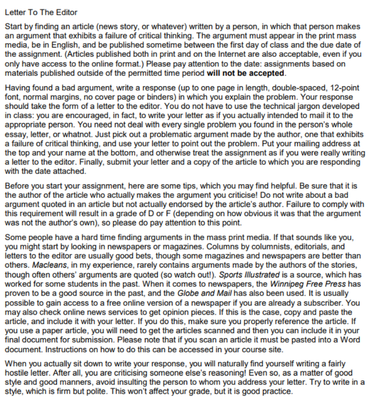  Letter To The Editor Start by finding an article (news story,