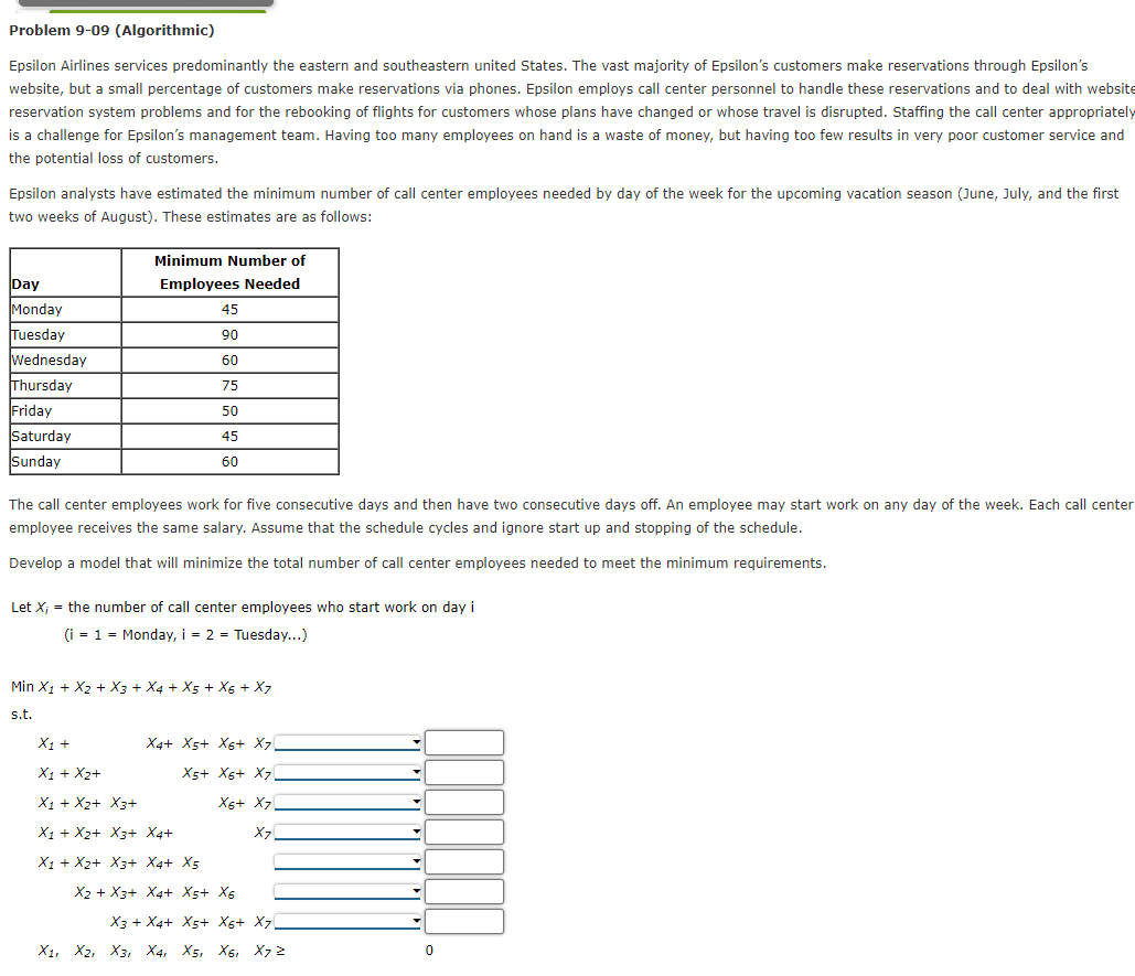  Problem 9-09(Algorithmic) Find the optimal solution. Total Number of Employees =