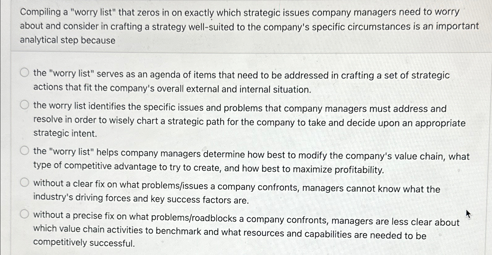  Compiling a "worry list" that zeros in on exactly which strategic