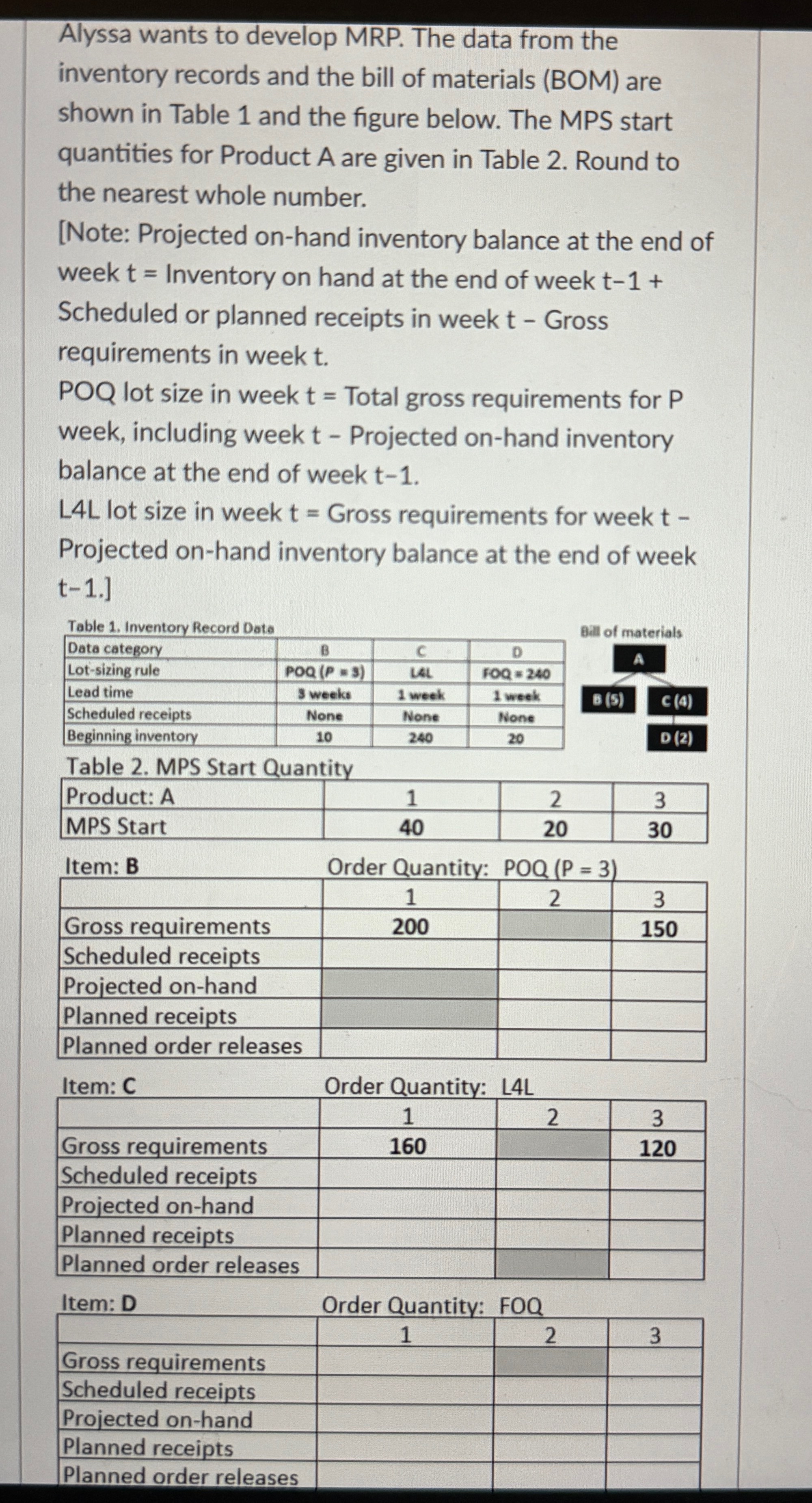  Alyssa wants to develop MRP. The data from the inventory records