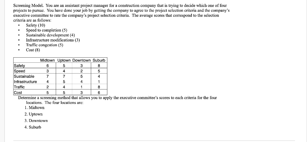  Screening Model. You are an assistant project manager for a construction