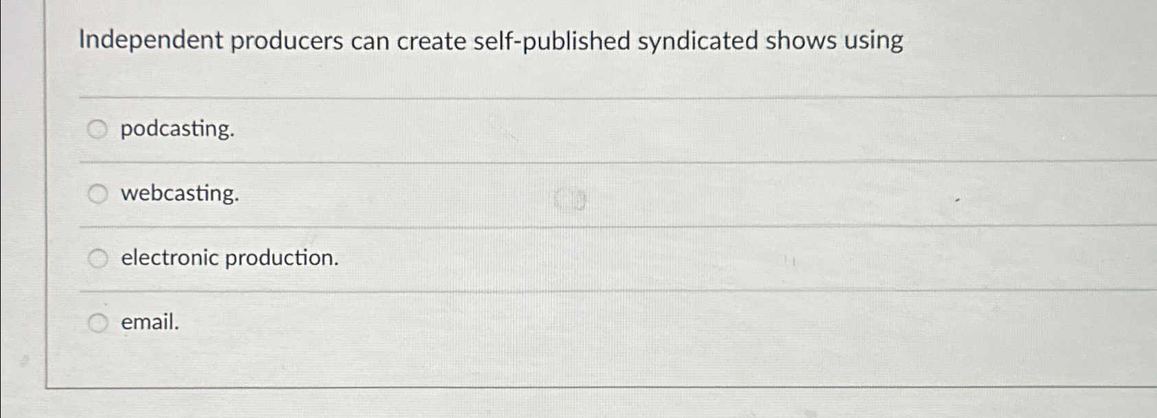  Independent producers can create self-published syndicated shows using podcasting. webcasting. electronic