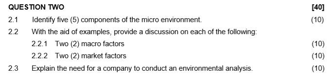  QUESTION TWO 2.1 Identify five (5) components of the micro environment.