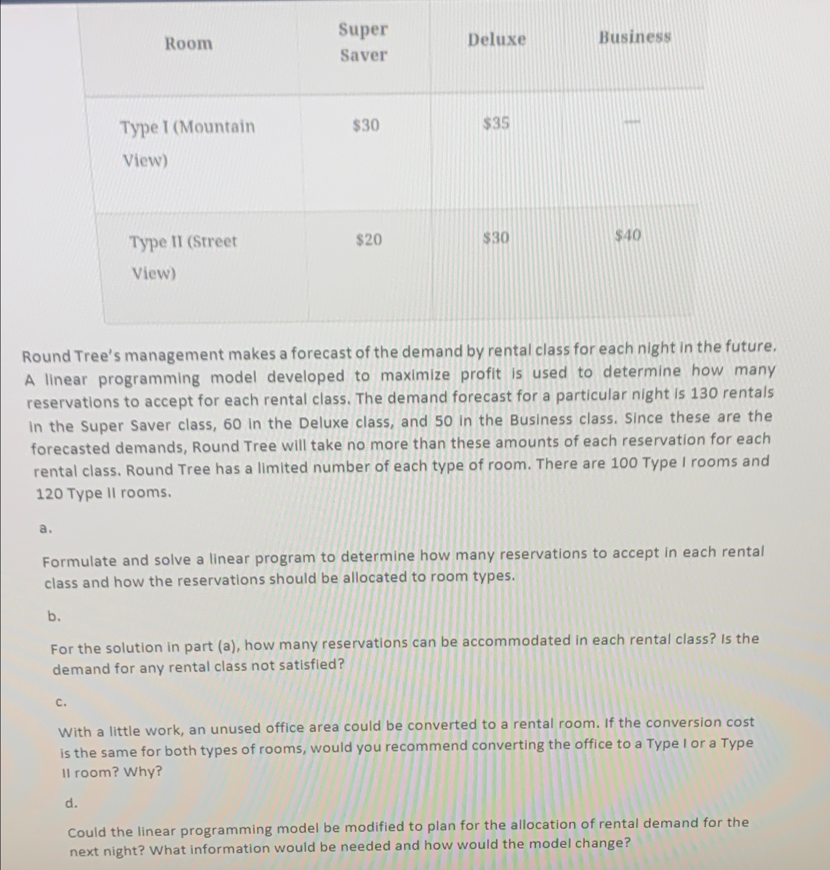 \table[[Room,\table[[Super],[Saver]],Deluxe,Busines:],[\table[[Type I (Mountain],[View)]],$30,$35,4],[\table[[Type II (street],[View)]],$20,$30,$40 