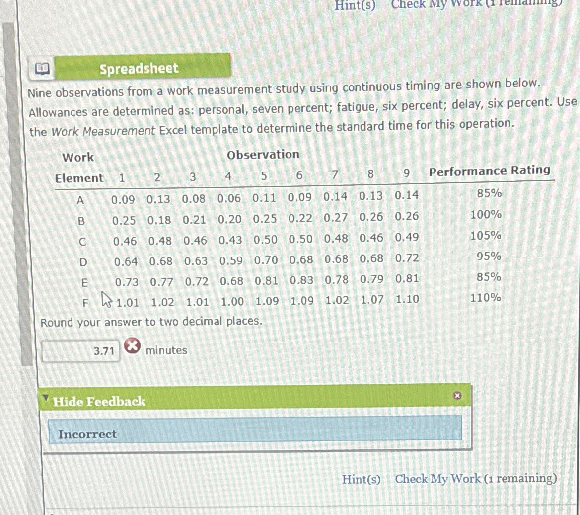  Spreadsheet Nine observations from a work measurement study using continuous timing