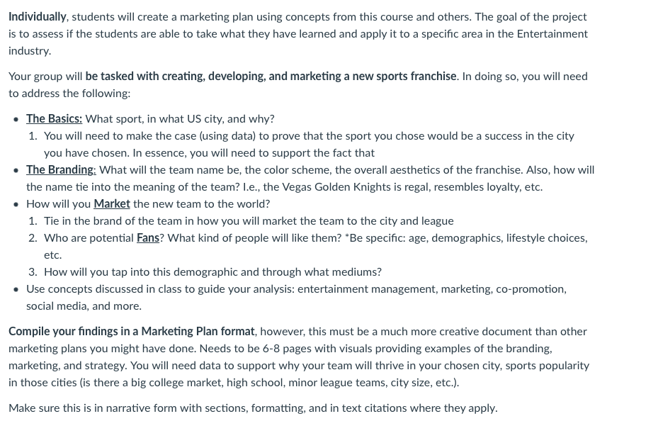  Individually, students will create a marketing plan using concepts from this