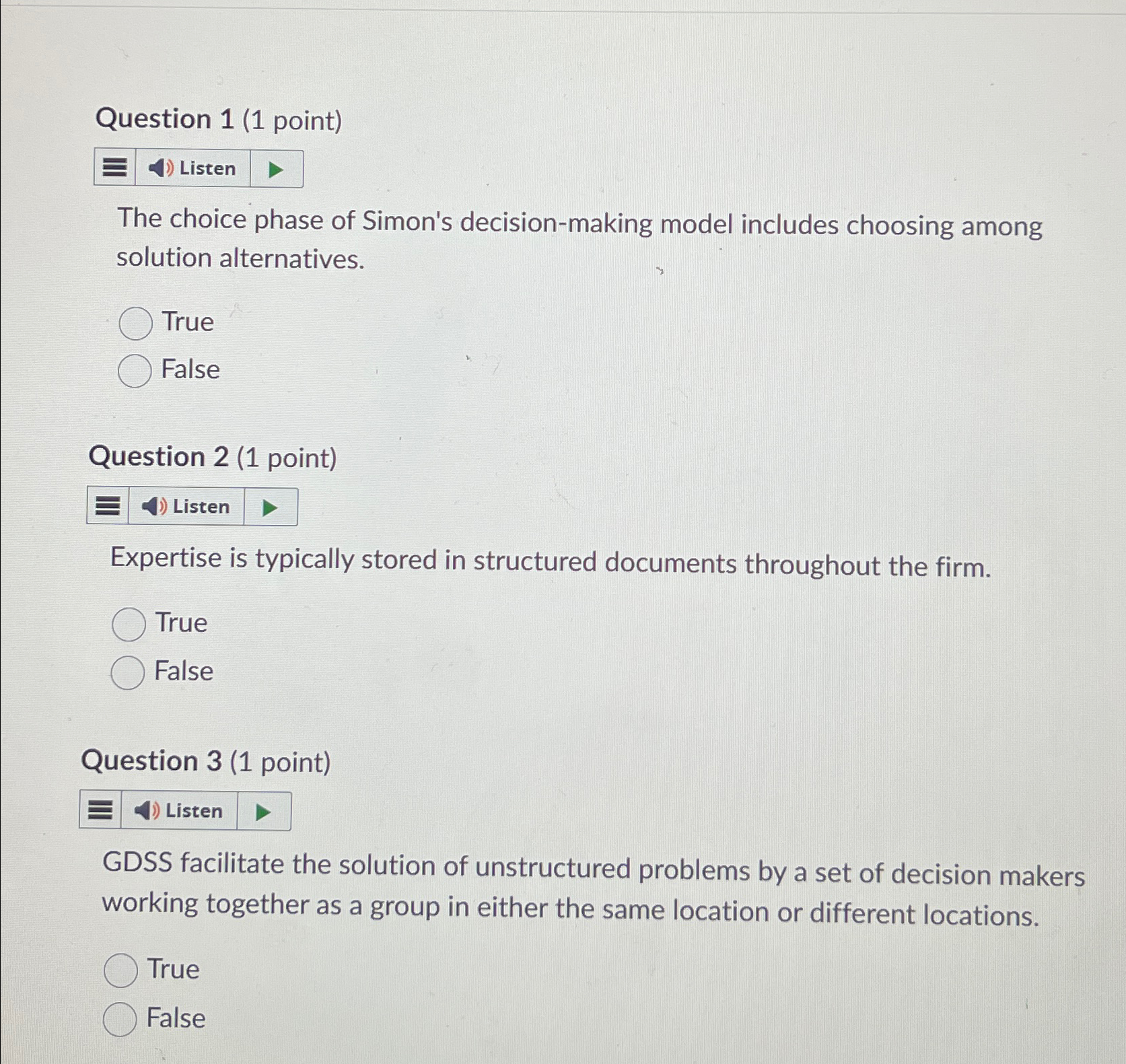  Question 1(1 point) Listen The choice phase of Simon's decision-making model