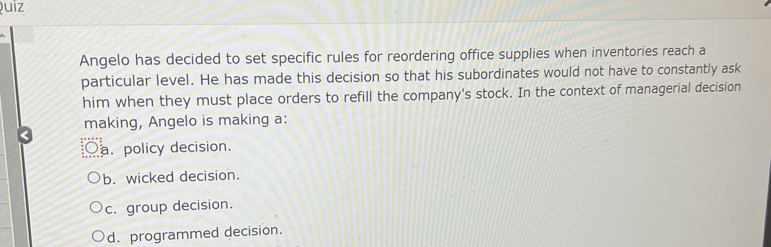  Angelo has decided to set specific rules for reordering office supplies