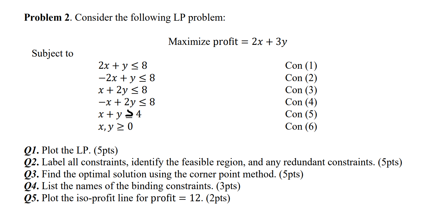  Problem 2. Consider the following LP problem: Maximize profit =2x+3y Subject