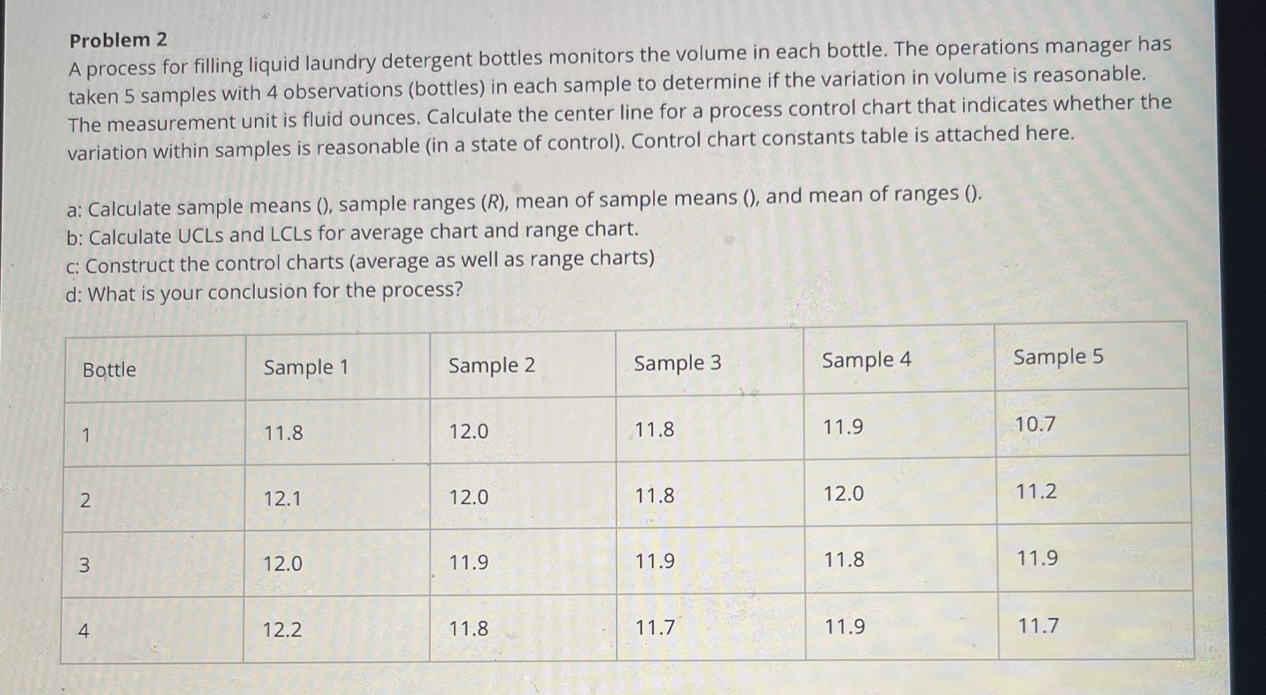  Problem 2 Control Chart Constants A process for filling liquid laundry