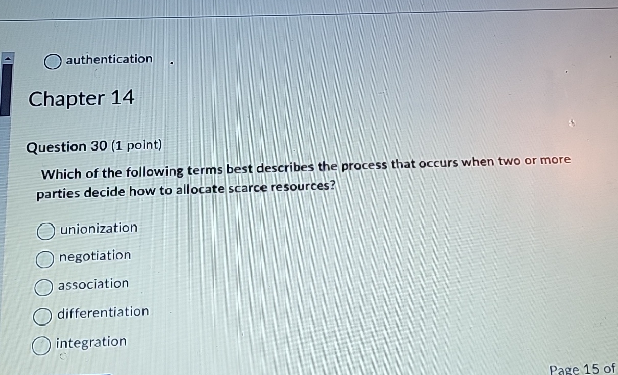  authentication Chapter 14 Question 30(1 point) Which of the following terms