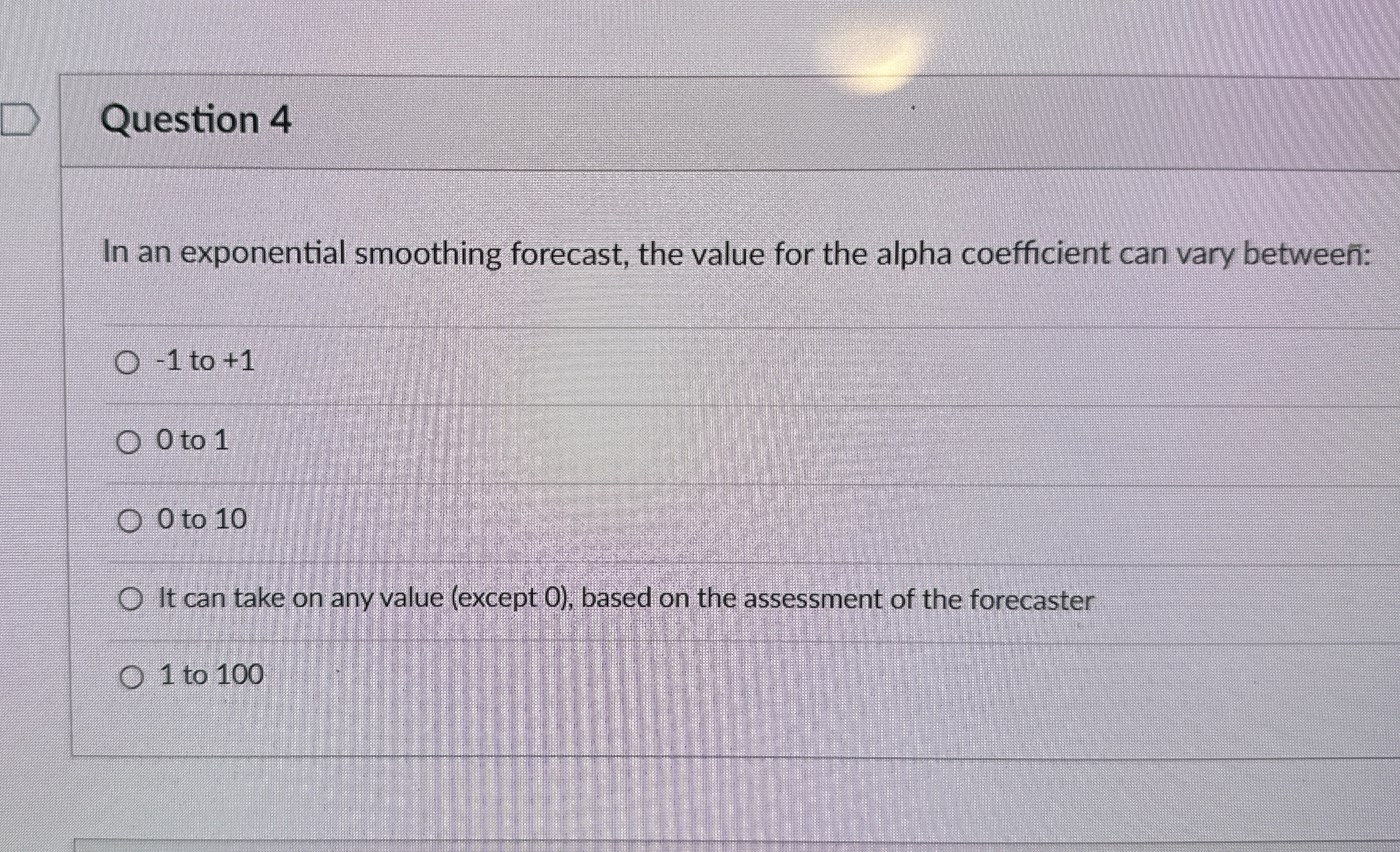  Question 4 In an exponential smoothing forecast, the value for the