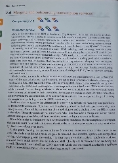  300 ratended Cases 7.4 Merging and outsourcing transcription services Competency V.1