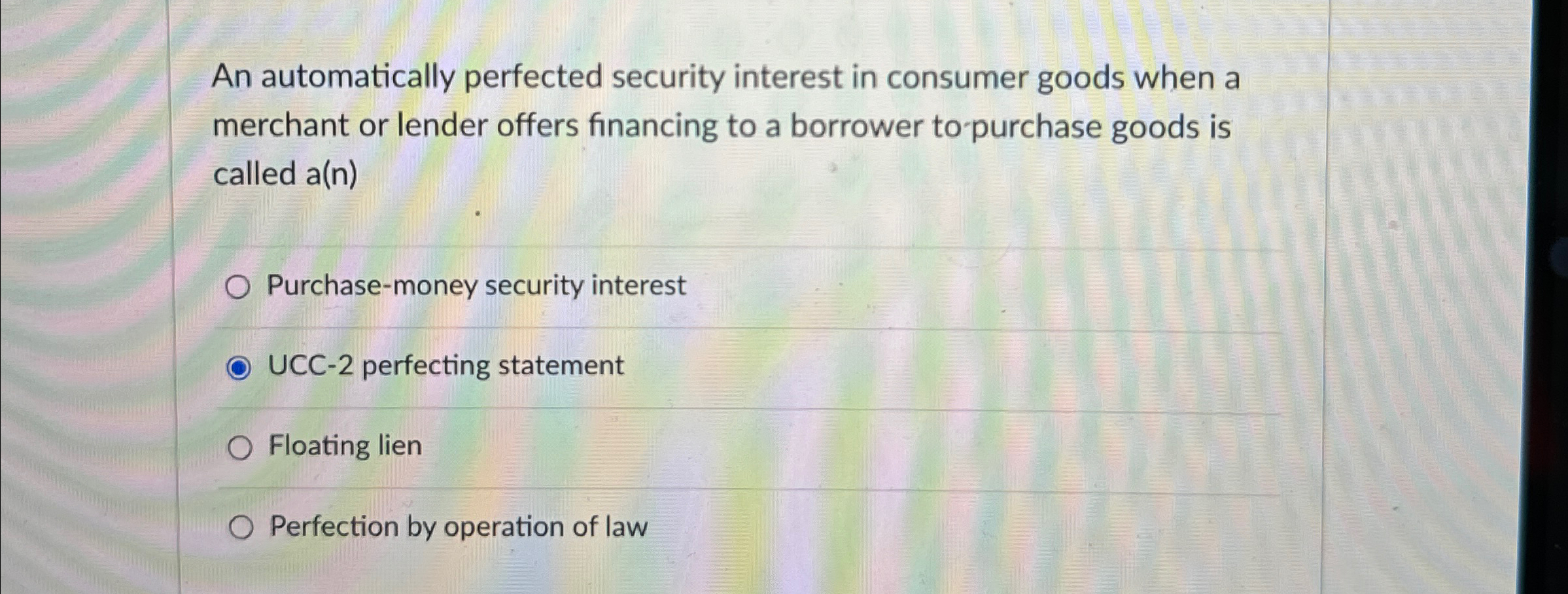  An automatically perfected security interest in consumer goods when a merchant