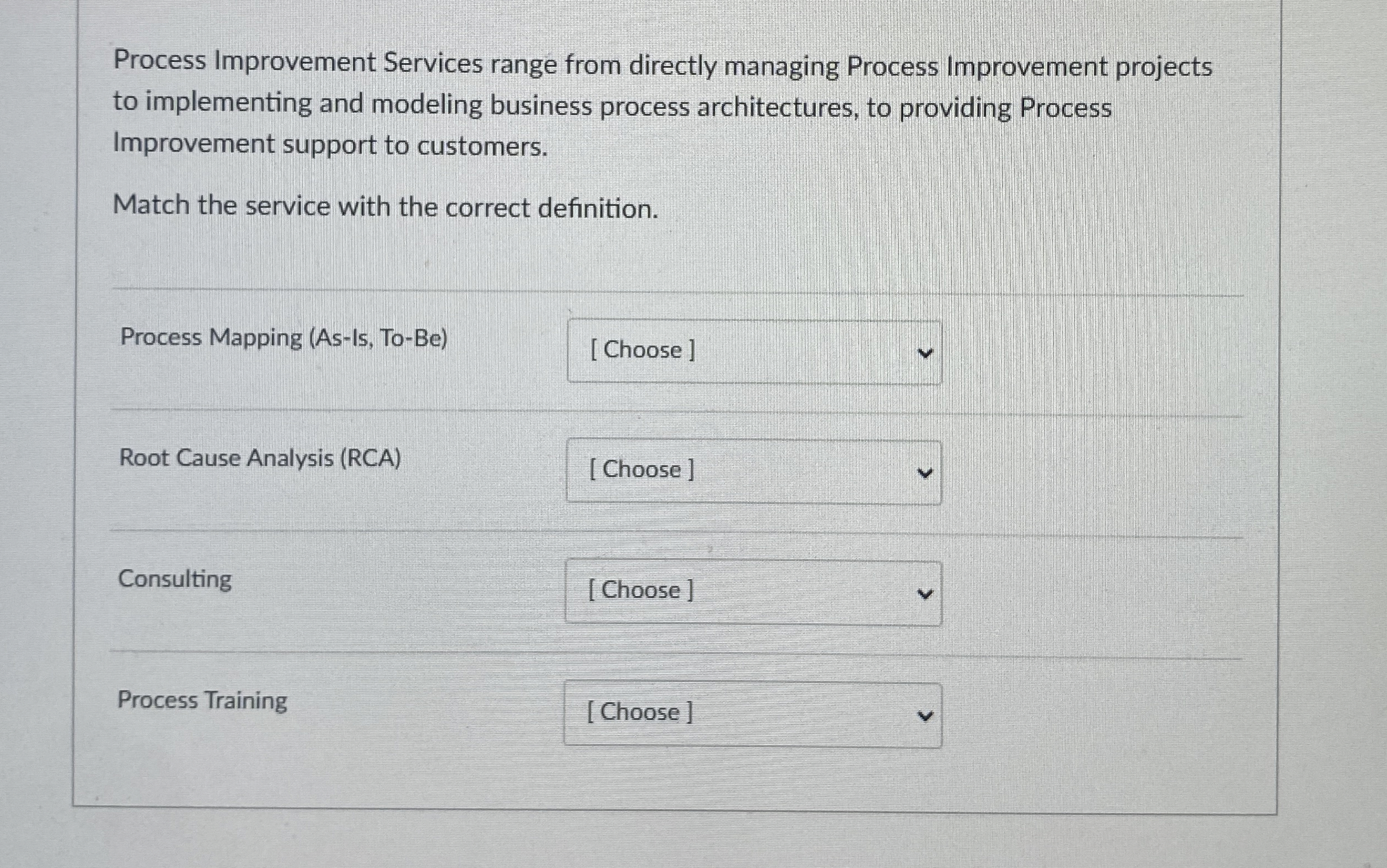  Process Improvement Services range from directly managing Process Improvement projects to