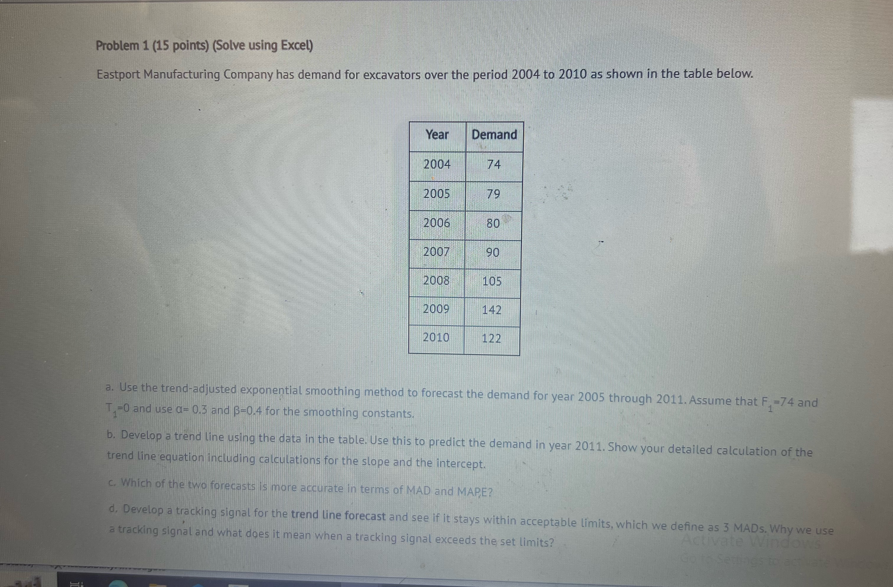 Problem 1(15 points)(Solve using Excel) Eastport Manufacturing Company has demand for