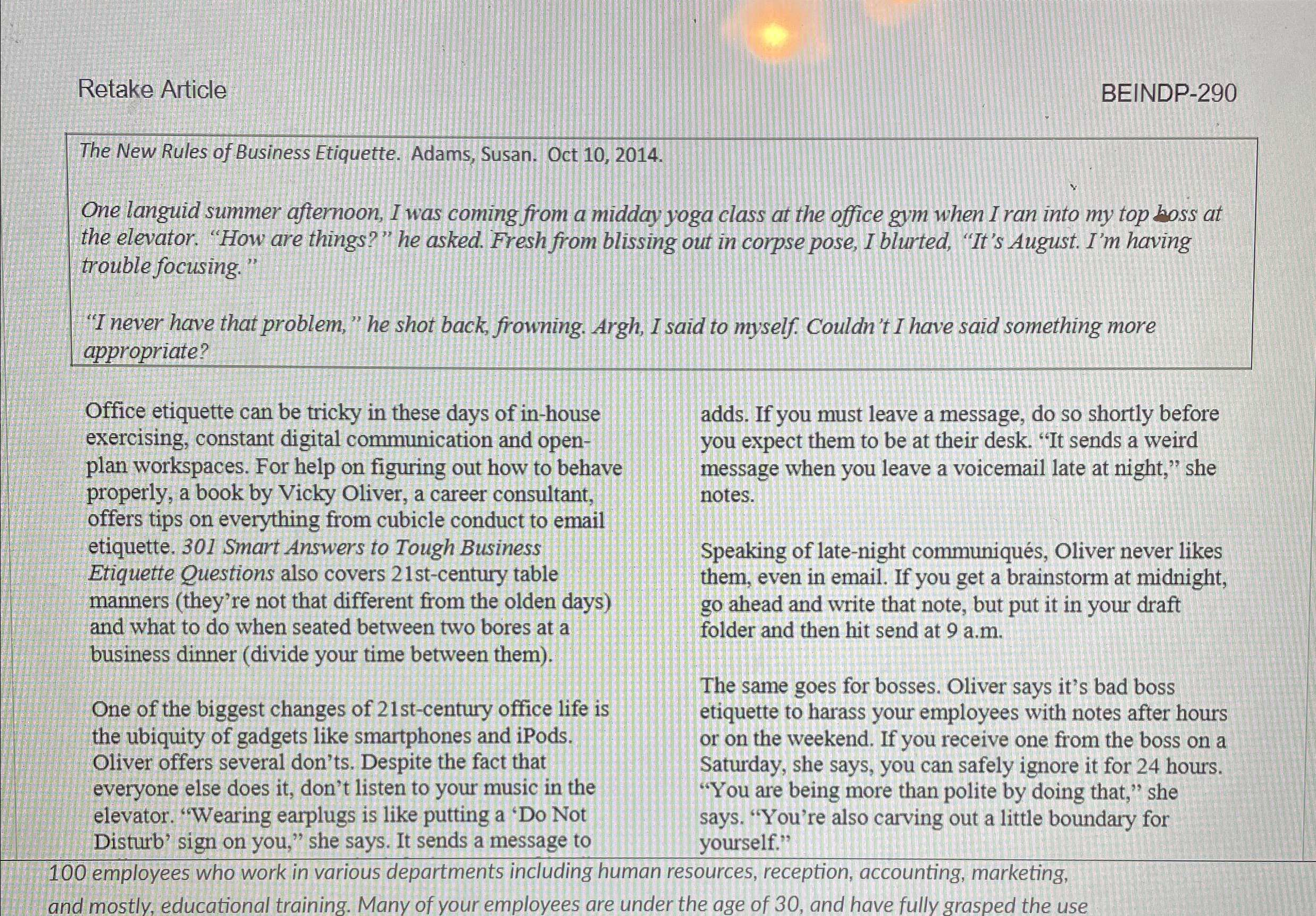  Retake Article BEINDP-290 The New Rules of Business Etiquette. Adams, Susan.