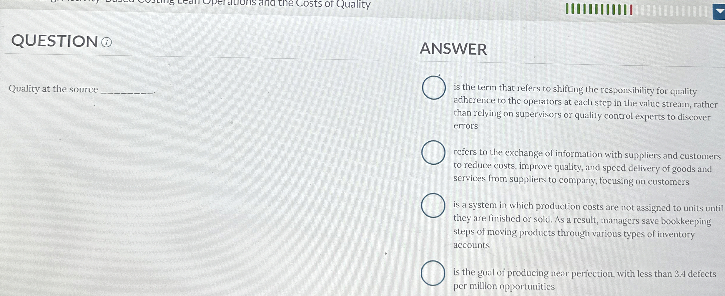  QUESTION ( Quality at the source ANSWER |||||||||||||| Leam uperations and