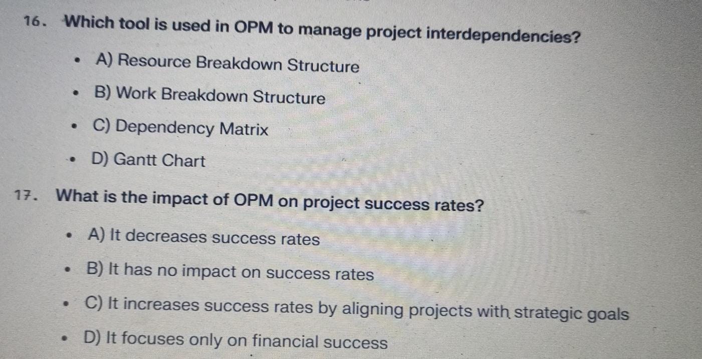  Which tool is used in OPM to manage project interdependencies? A)