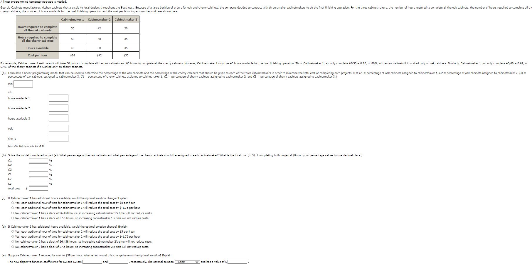  A linear programming computer package is needed. cherry cabinets, the number