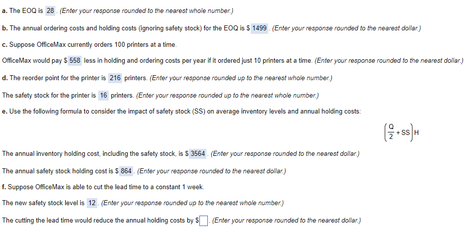 a. The EOQ is (Enter your response rounded to the nearest whole