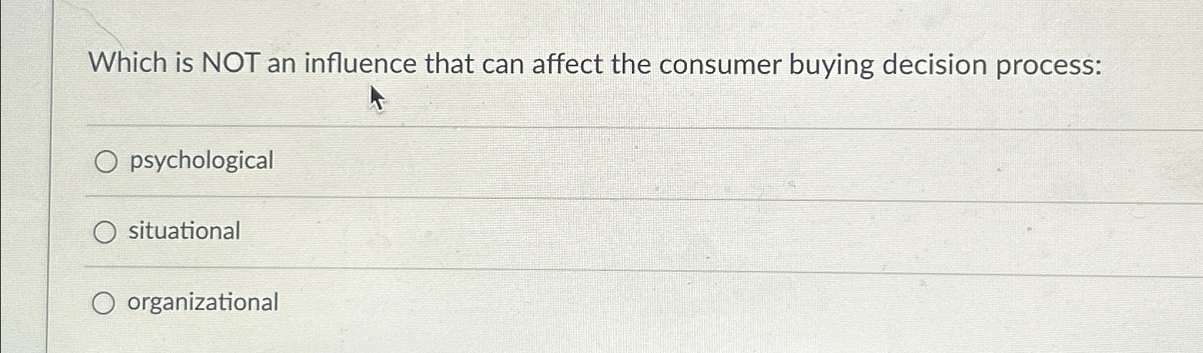  Which is NOT an influence that can affect the consumer buying