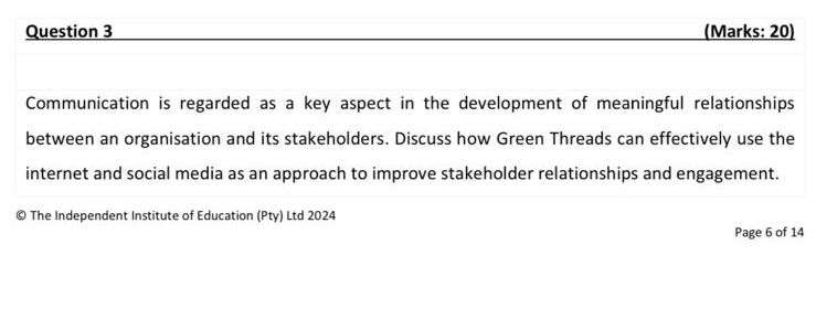  Question 3 (Marks: 20) Communication is regarded as a key aspect