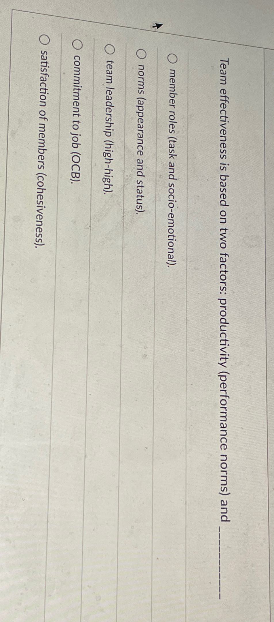  Team effectiveness is based on two factors: productivity (performance norms) and