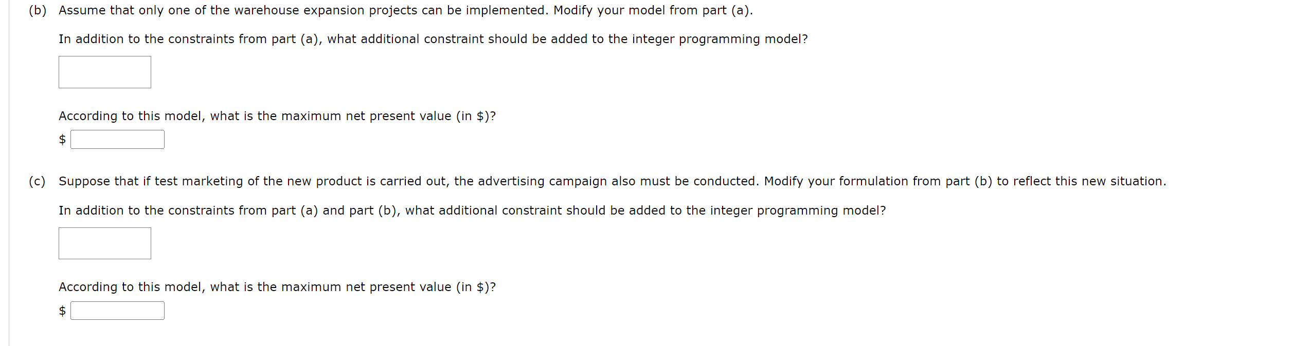 value (in $) ( Let x1{1firivestmentalterrativeiisselected0atheraise P-lax s.t. Year 1 Year 2