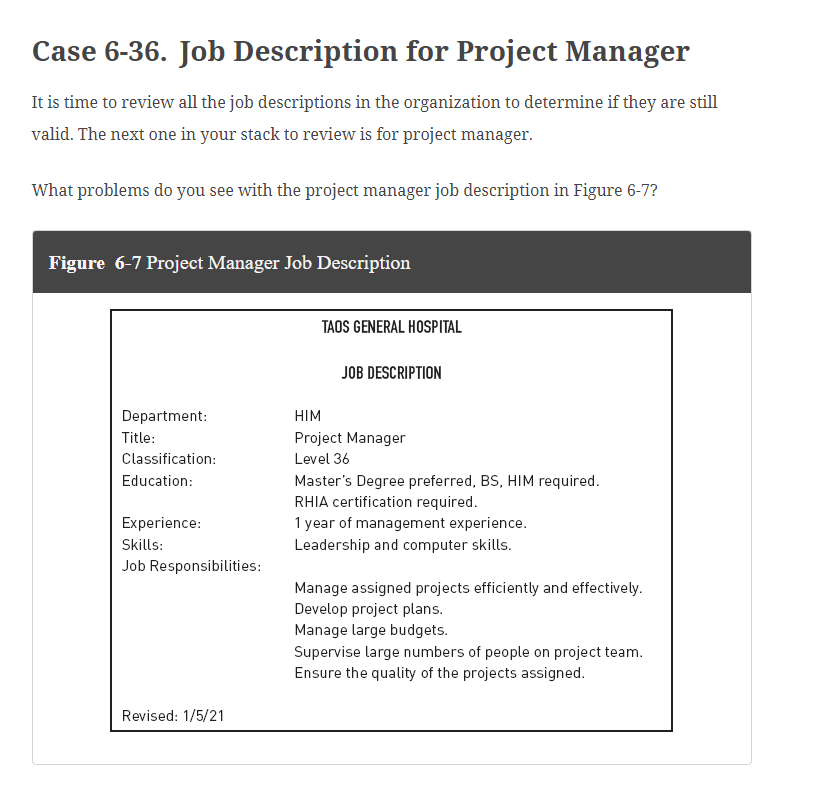  Case 6-36. Job Description for Project Manager It is time to